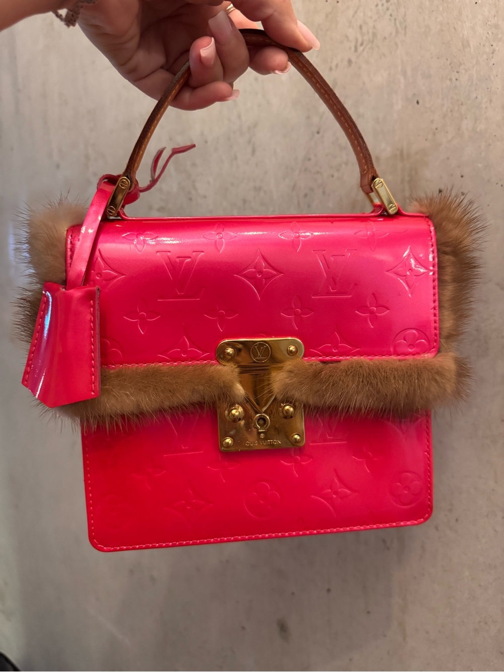 Louis Vuitton Spring Street Pink Vernis Custom added Fur-Trim Top Handle Bag!!